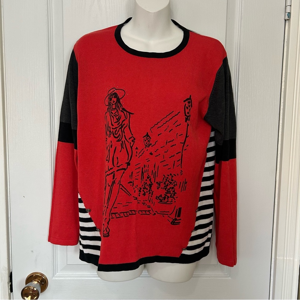 Moffi Women Orange and Black Graphic Sweater Medium Winter Fall Longsleeves